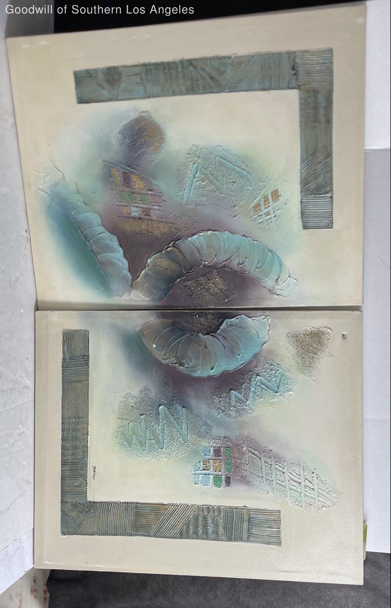 Max Signed Abstract Textured Mixed Media Diptych Painting Canvas Wall Art Pair