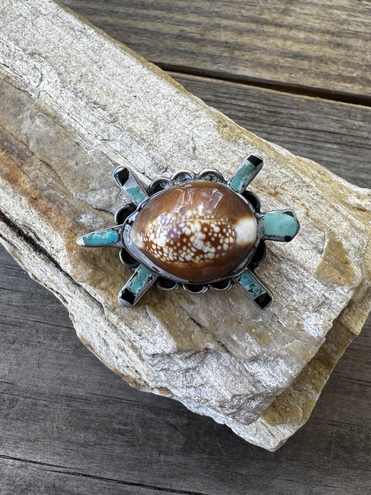 Vintage Zuni Sterling Silver Turtle Pin With Shell And Turquoise