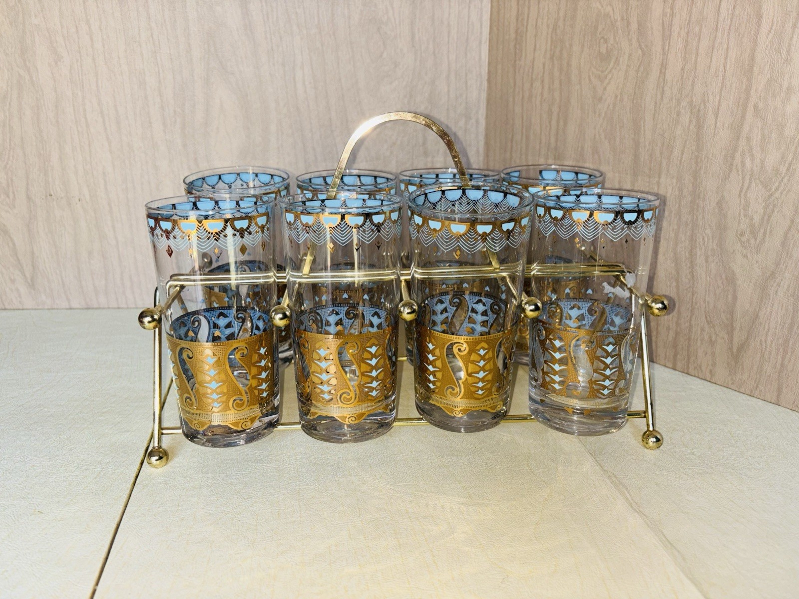 Culver Saratoga Highball Glasses 5.5" Gold and Turquoise 8 with carrie MCM