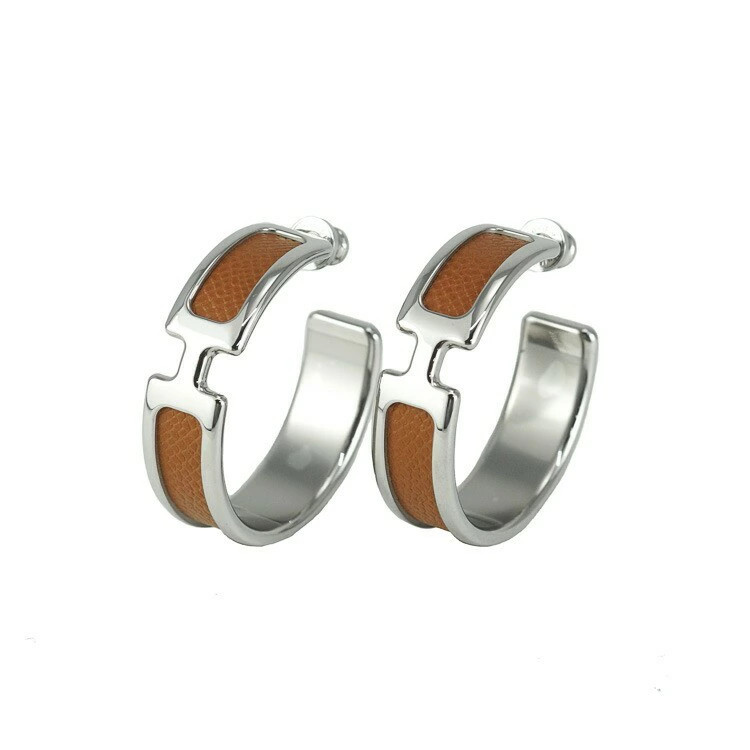 HERMES Onlap Hoop Earrings Voie Madame Metal Gold Brown Silver Hardware Brand A