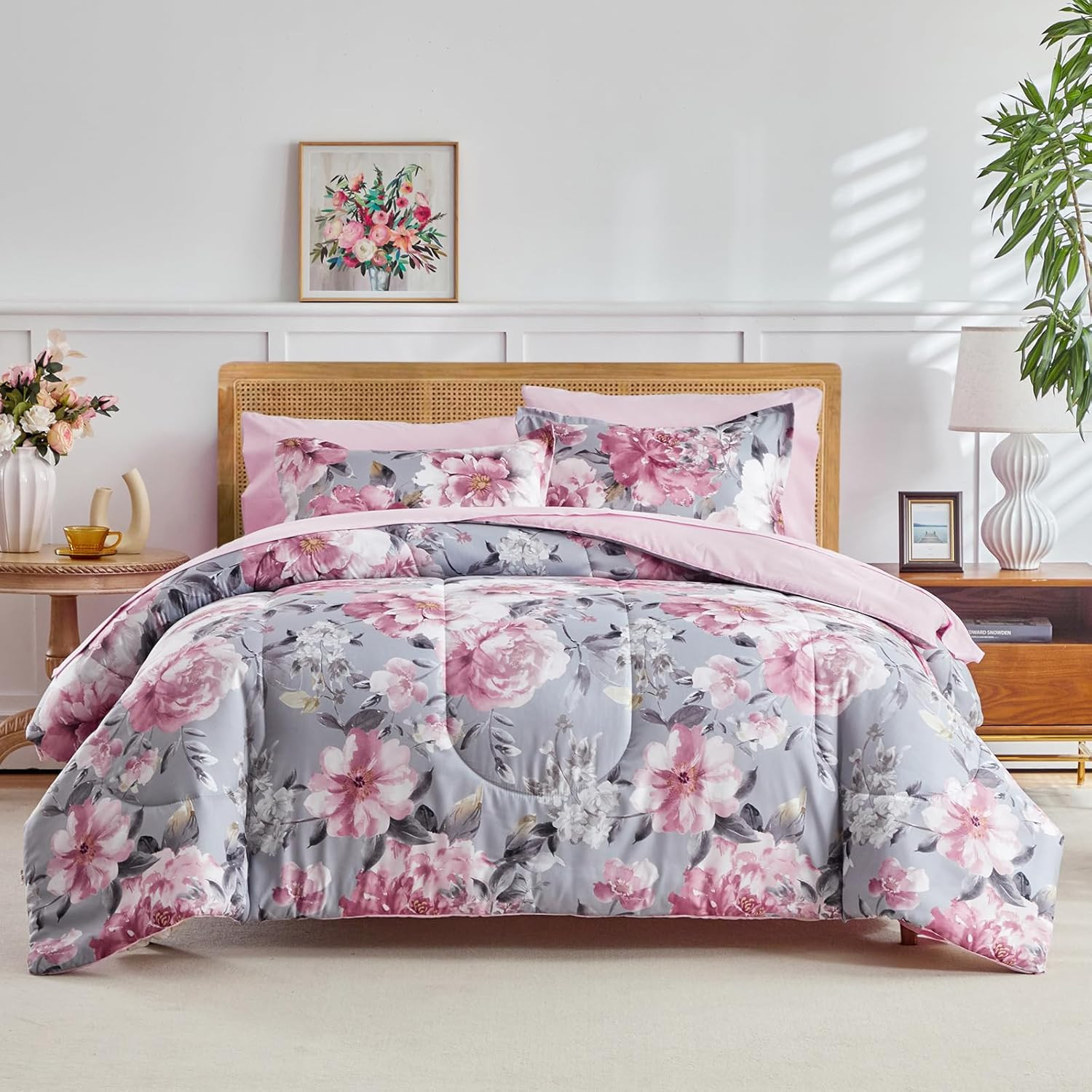 Bed in a Bag Queen, 7 Piece Floral Comforter Sheet Set, Tie-Dye Pink Flower on G