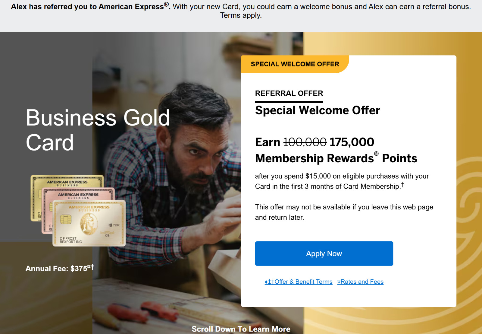 EXTRA $100 Extra Cash! American Express BUSINESS GOLD Referral up to 175K Points