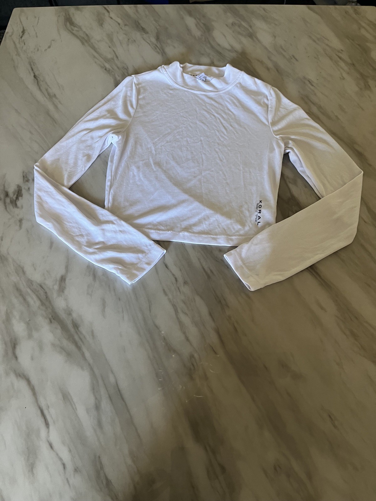 KORAL White Long Sleeve Crop Top Small Ribbed Mock Neck Logo Marlow 