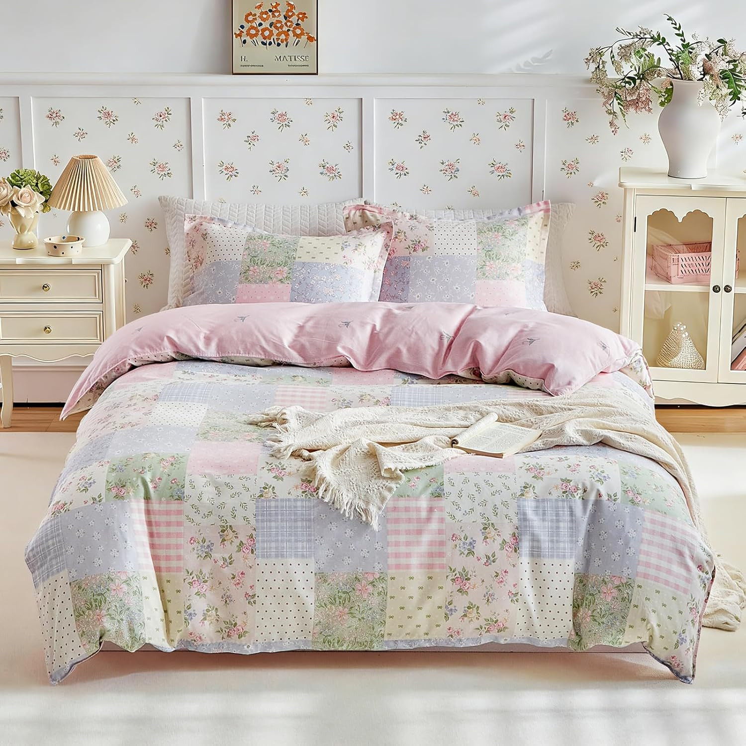 3Pcs Queen Size Cotton Duvet Cover Set for Girls, Colorful Flowers Grids Patchwo
