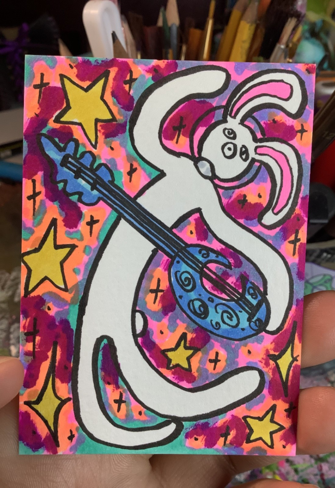 ACEO Original Surreal Silly Cute Astronaut Rock Star Bunny, Whimsical, Fantasy 