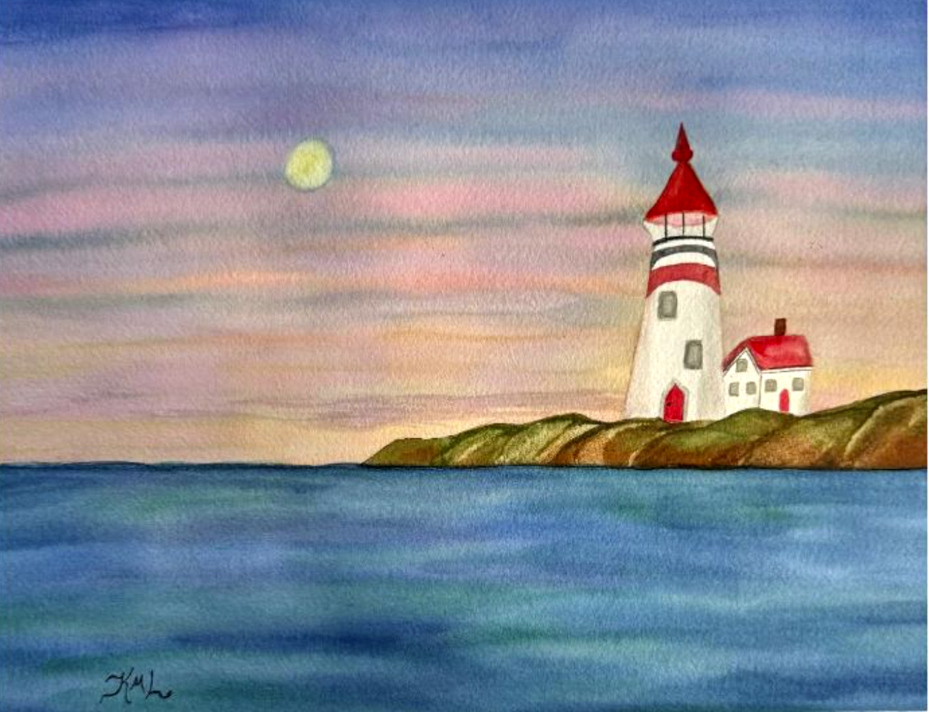 PAINTING WATERCOLOR 11X14 & WHITE MAT 16X20 LIGHTHOUSE SUNSET OCEAN LANDSCAPE