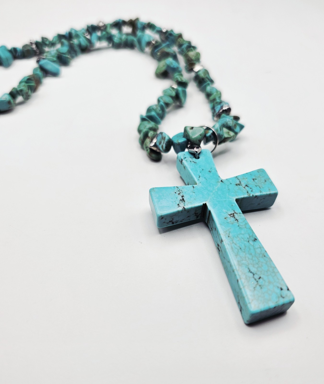 Turquoise Magnesite Nugget and Cross Necklace | Adjustable Lobster Claw Clasp