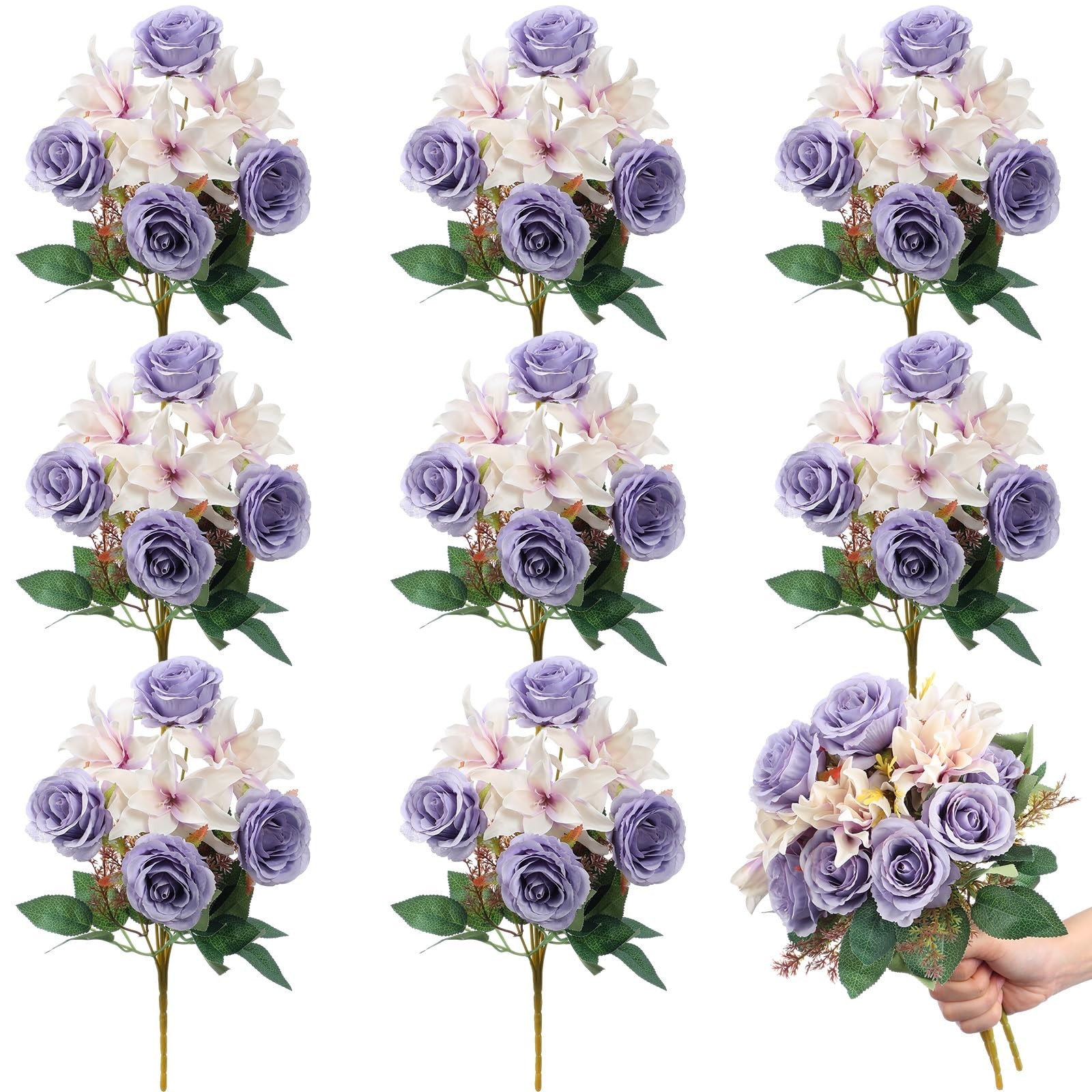 Riceshoot 8 Bundles Purple Artificial Lily Rose Flowers Wedding Flower Bouque...