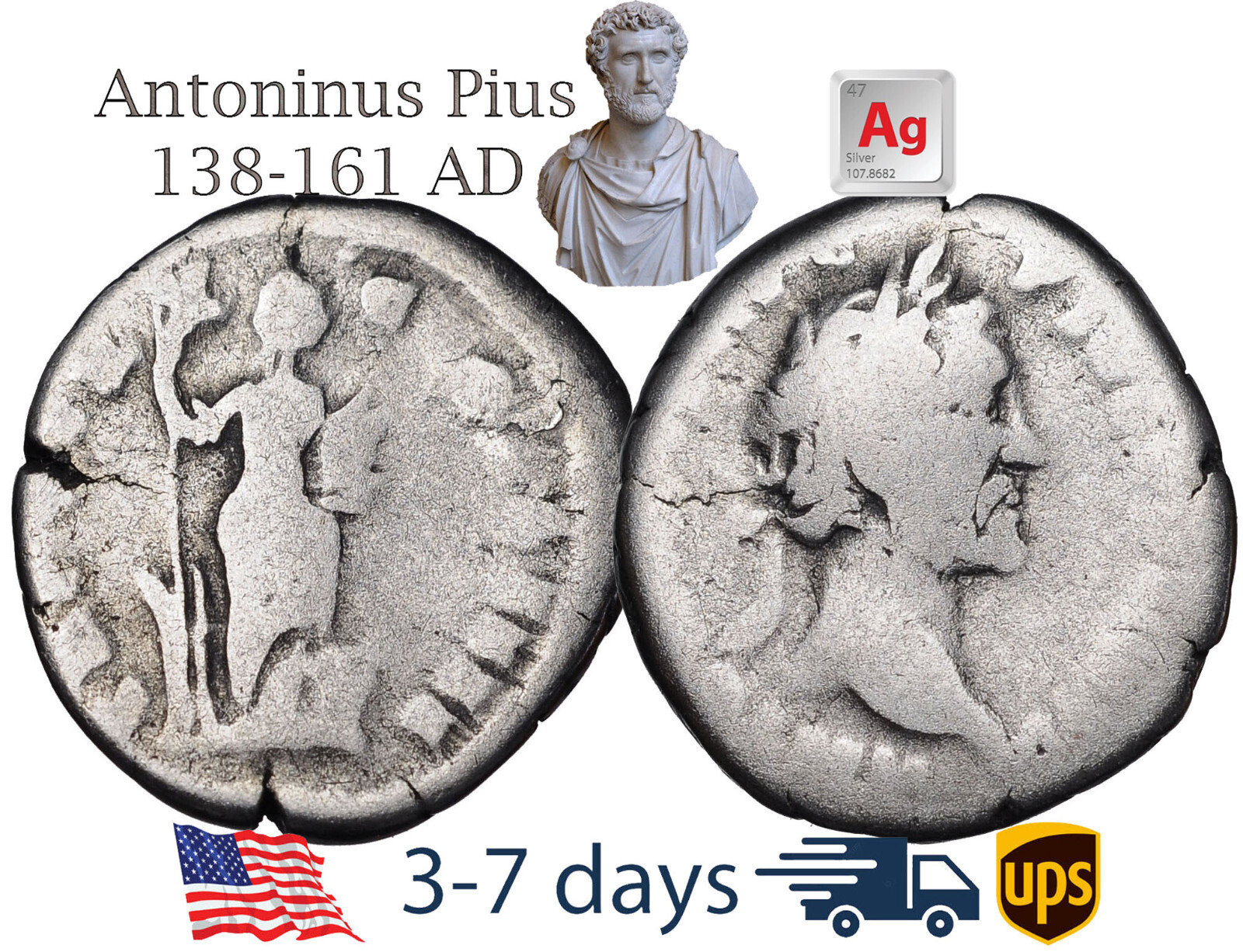 Ancient Roman Empire Coin Silver Denarius ANTONINUS PIUS 138-161 AD #21154