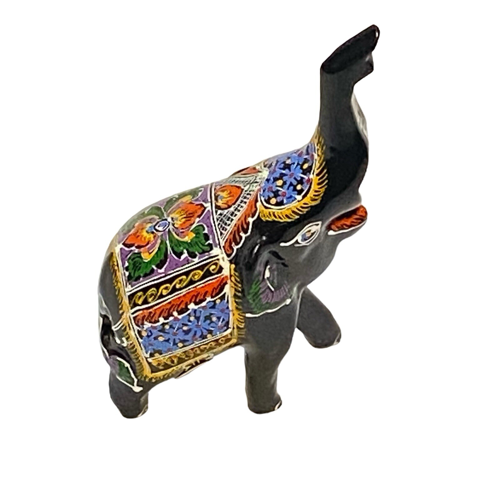 Thailand Elephant Trunk Up 3" Hand Painted Made Wood Black Lacquer Figure Color