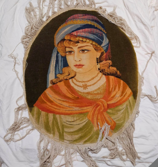 RARE -Antique Slavic Woman Portrait Wool Rug/Tapestry/Wall Hanging reverse 26X21