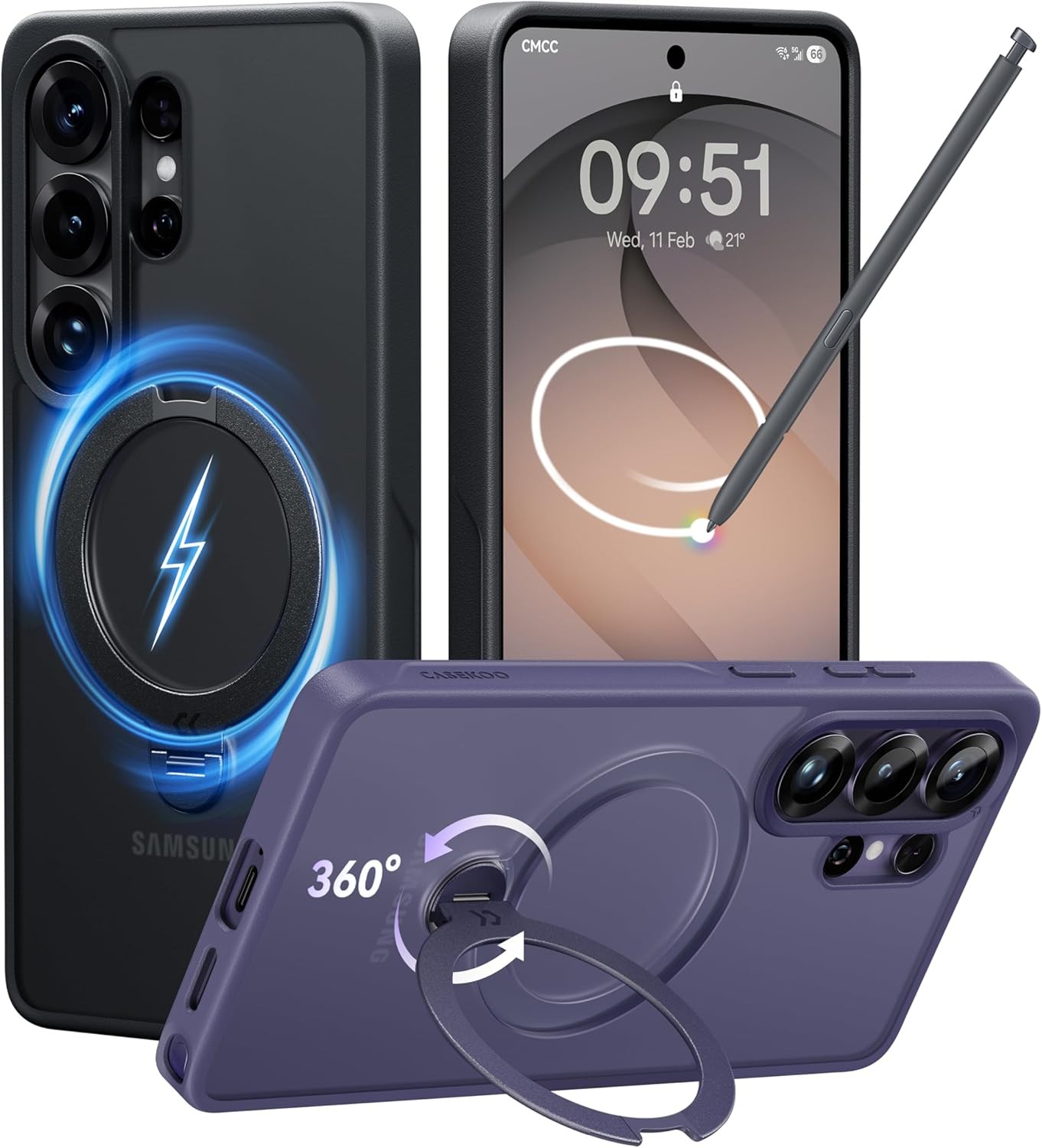 Black Samsung Galaxy S26 Ultra Case with 360 Spin Magnetic Stand Shockproof