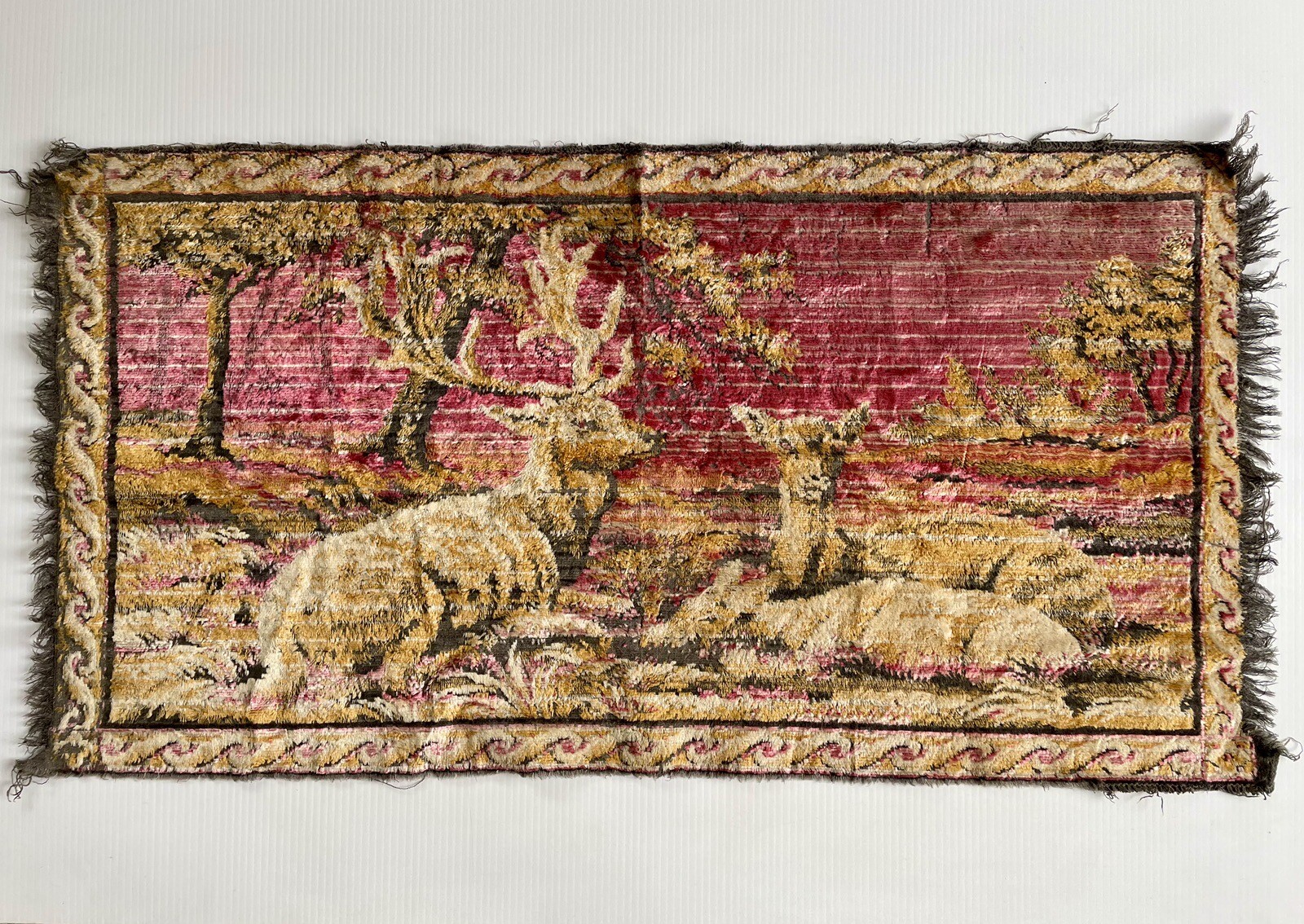 Vtg Tapestry/ Wall Hanging/ Rug/ Dresser Cover Wildlife Deer In Woods 20x38 READ