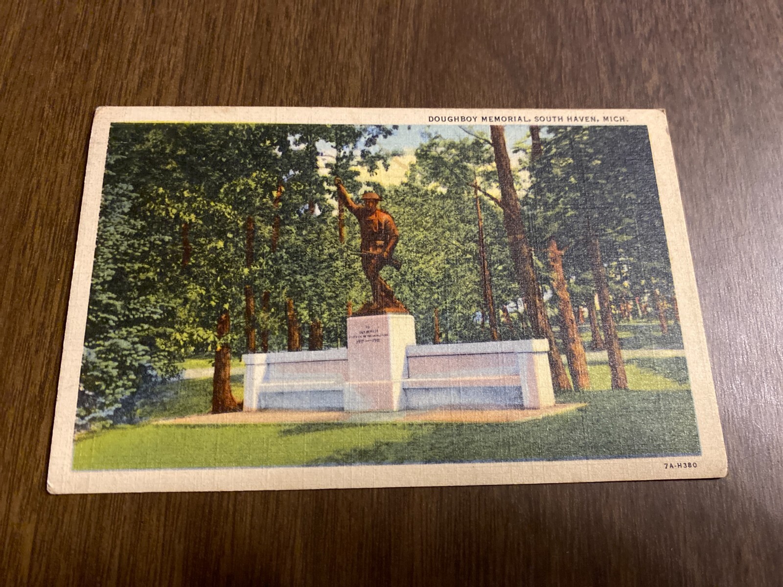 Doughboy Memorial South Haven MI Linen Postcard posted VTG