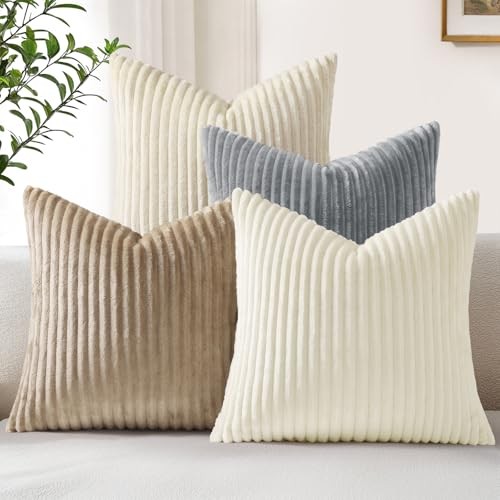  Set of 4 Flannel Throw Pillow Covers 18x18 18" x 18" (Pack of 4) Beige White