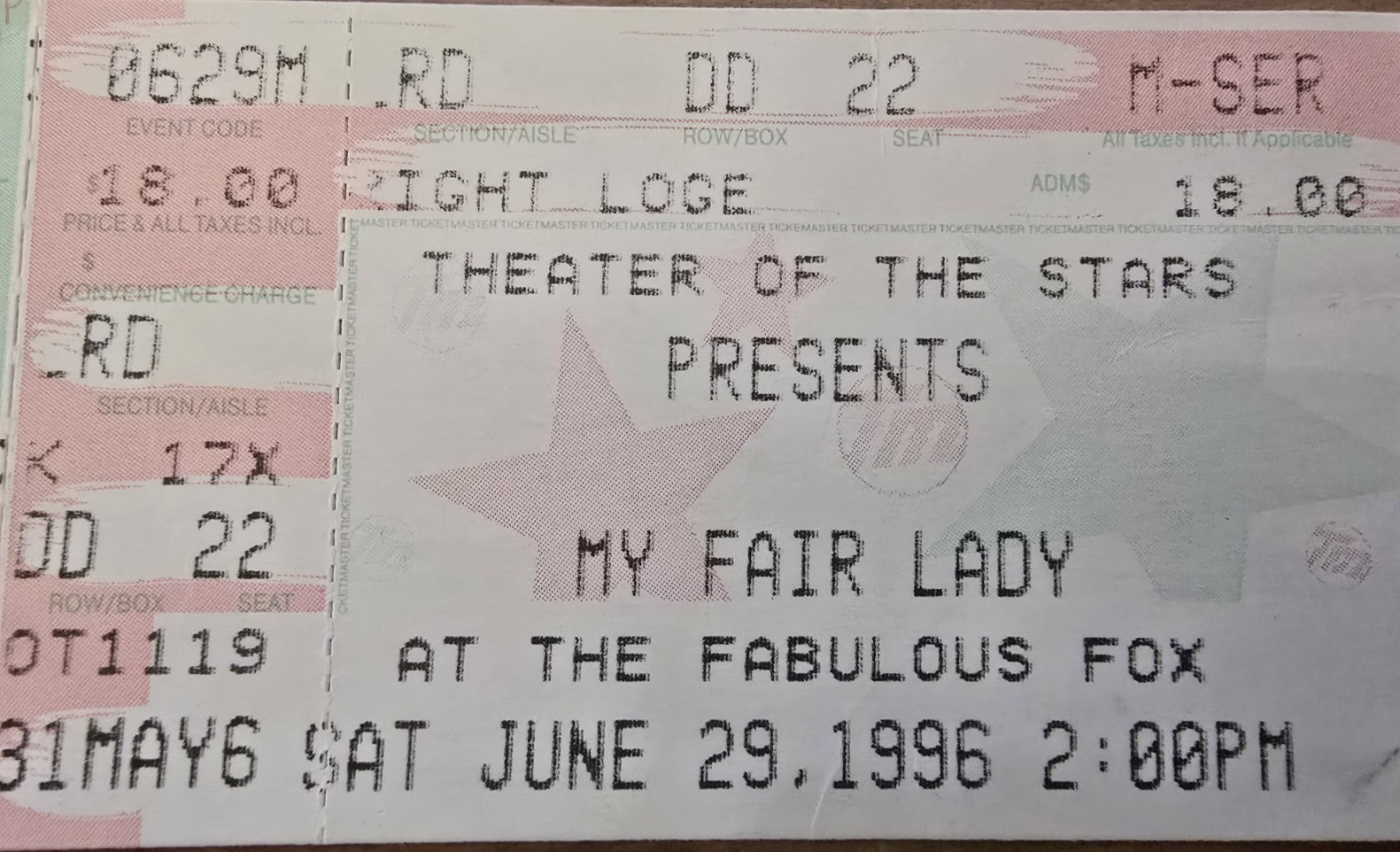 Thearter of the Stars Fox Thearter My Fair Lady Howard Keel 1996 Stubs