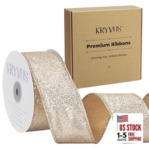 Glitter Wired Ribbon, 1.5 Inch x 10 Yards Sparkly 1-1/2"X 10Yd Champagne Gold