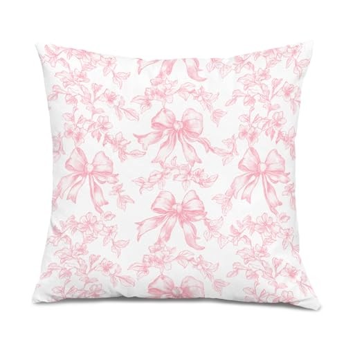 Vintage Pink Toile Floral Bow Pillow Covers 18x18, Chinoiserie Decor, Color 02