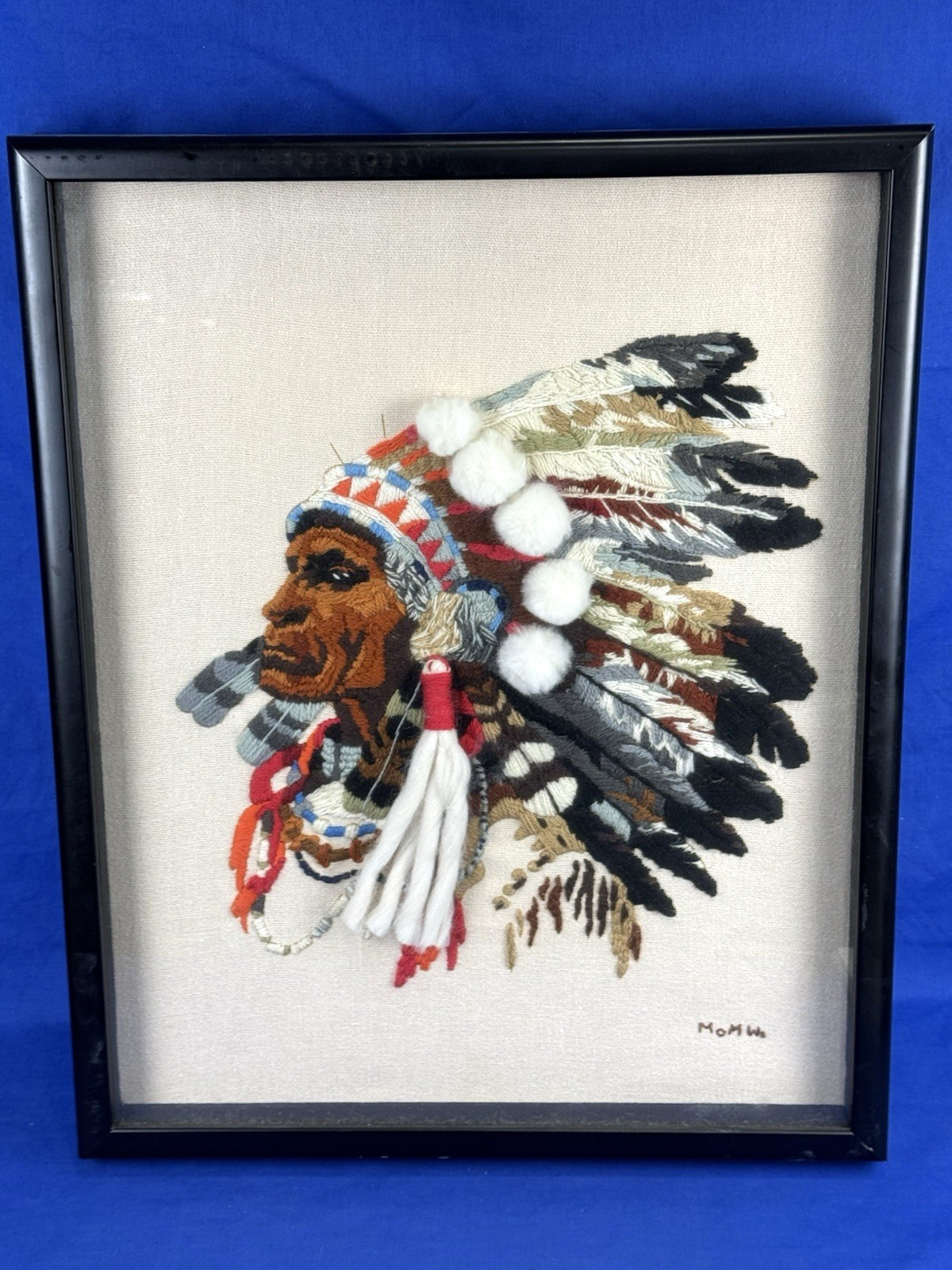 Vintage Native American Chief Textile Art, Stitched, Needlework, Signed MoM W.