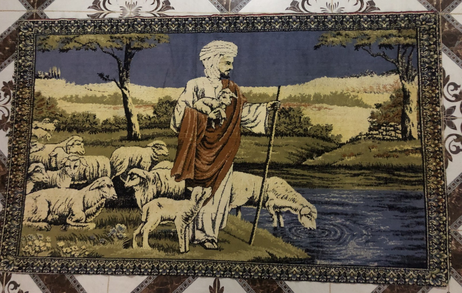 Large Vintage 1970s Wall Hanging Rug Tapestry Shepherd & Sheep 73x44