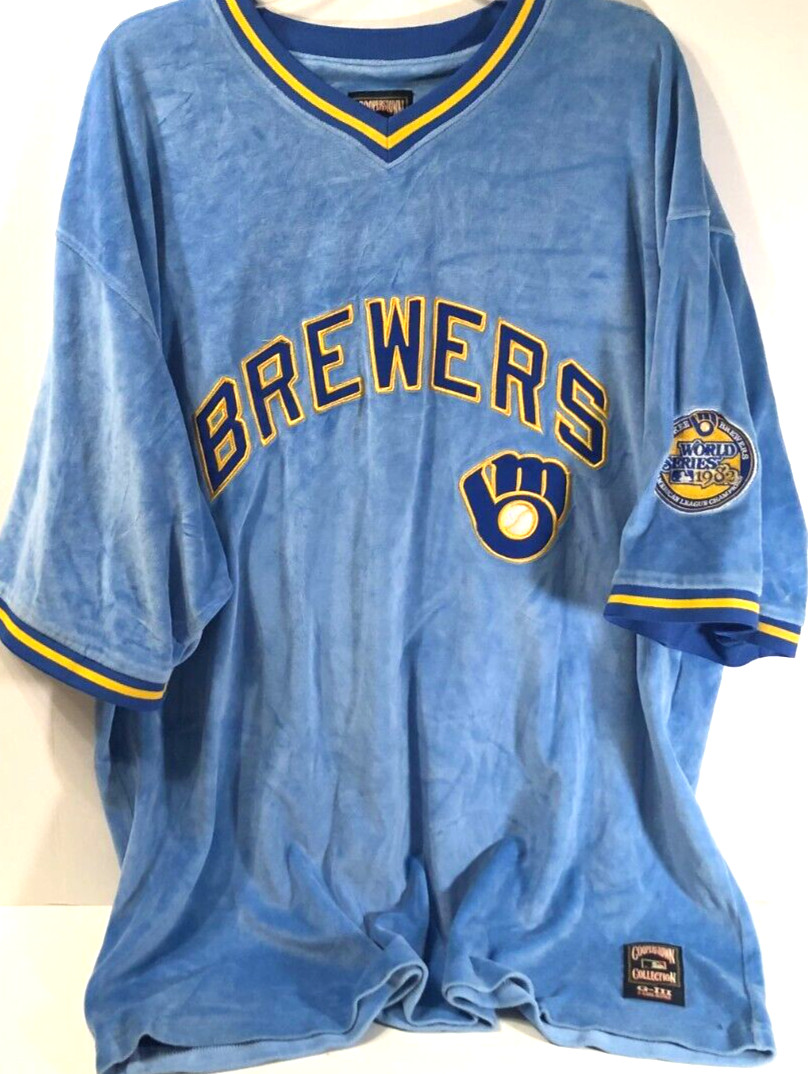 Milwaukee Brewers '82 WS Champs Carl Banks Cooperstown Blue Velour Shirt 3XL