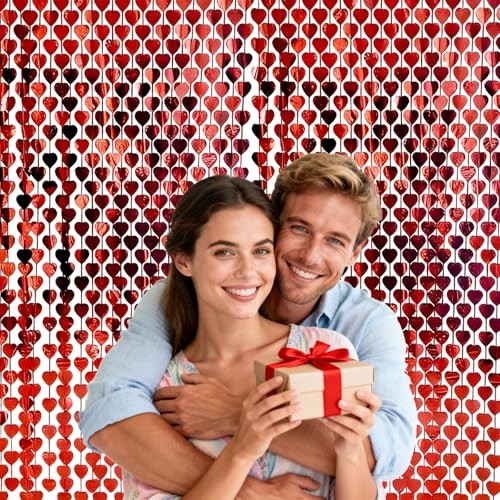 Red Heart Metal Foil Streamers Curtains, 2 Pcs 3.3x6.6ft Full Red Heart