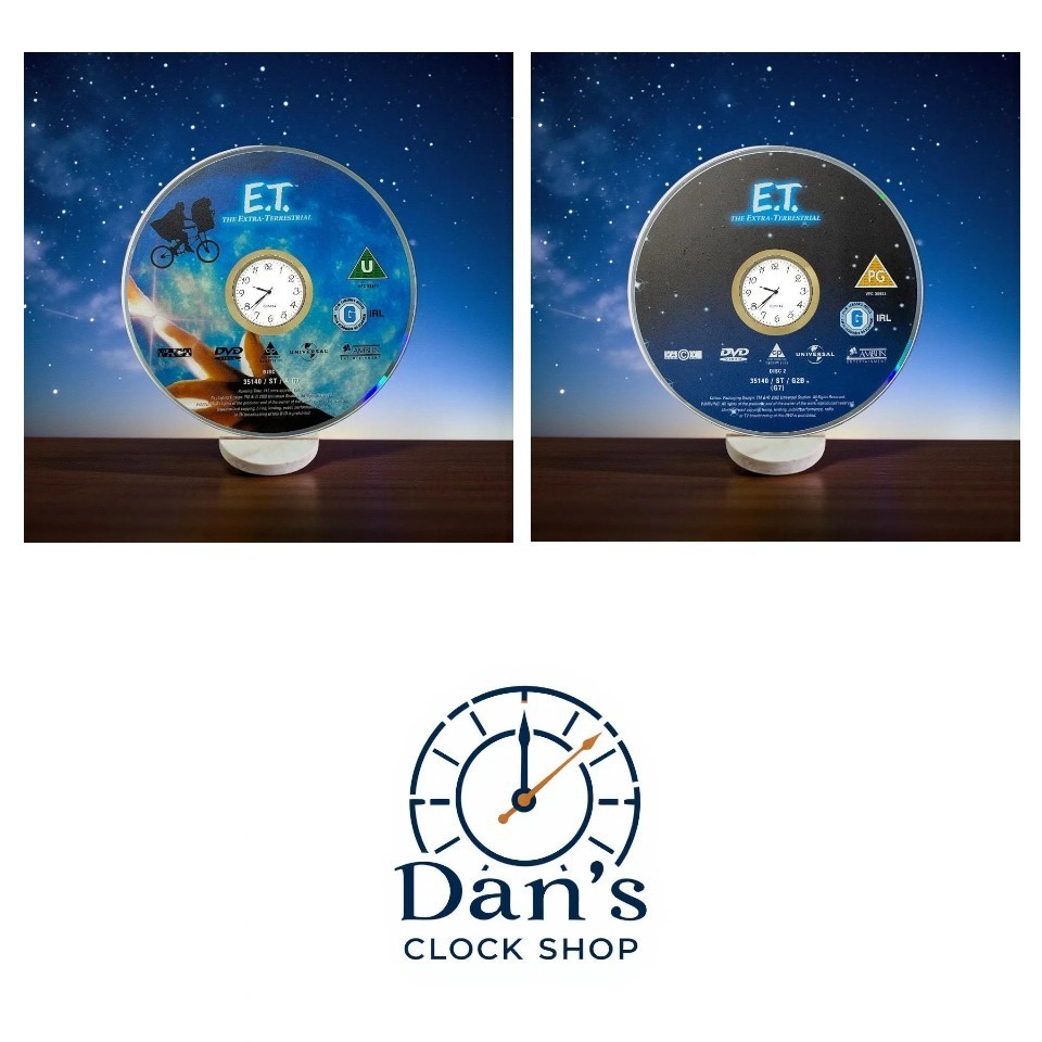 E.T. The Extra-Terrestrial Upcycled DVD Clock with Handmade Wooden Stand