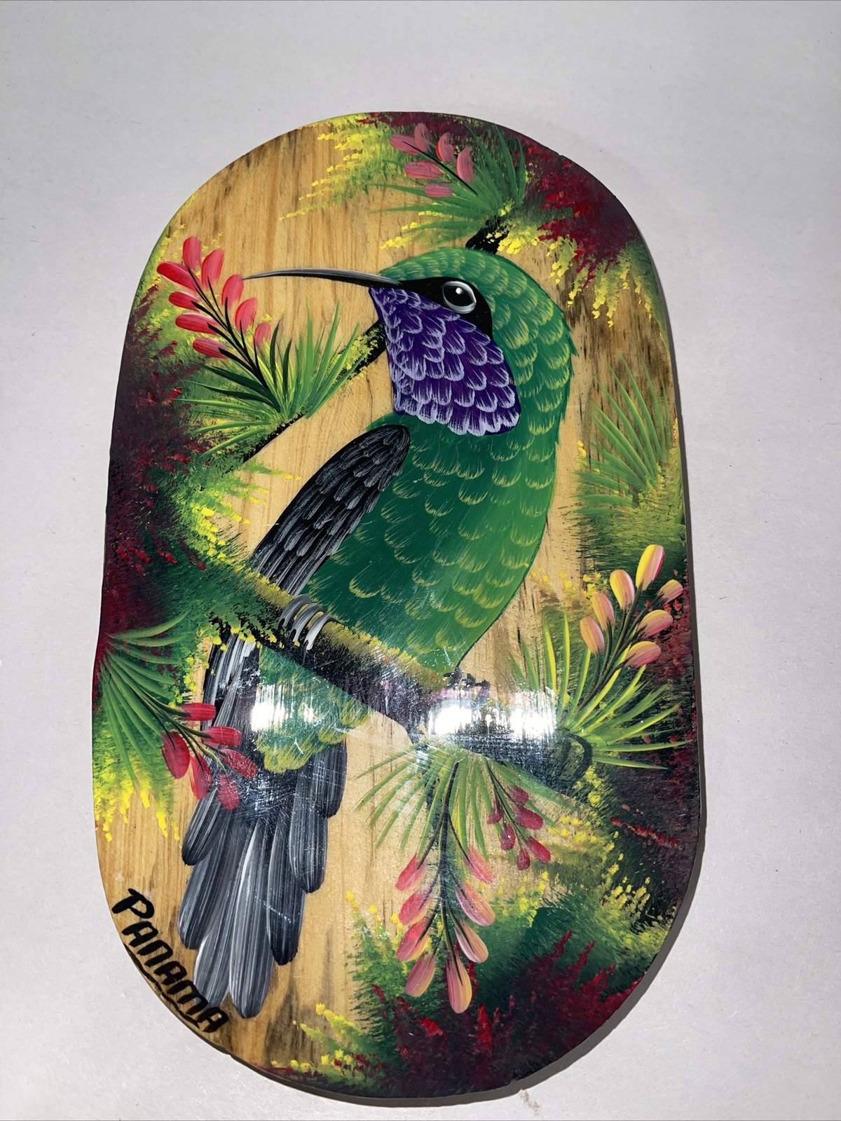 Tropical Bird Painting Wall Art Original Acrylic On Wood Nature Oval Small 8.5x5