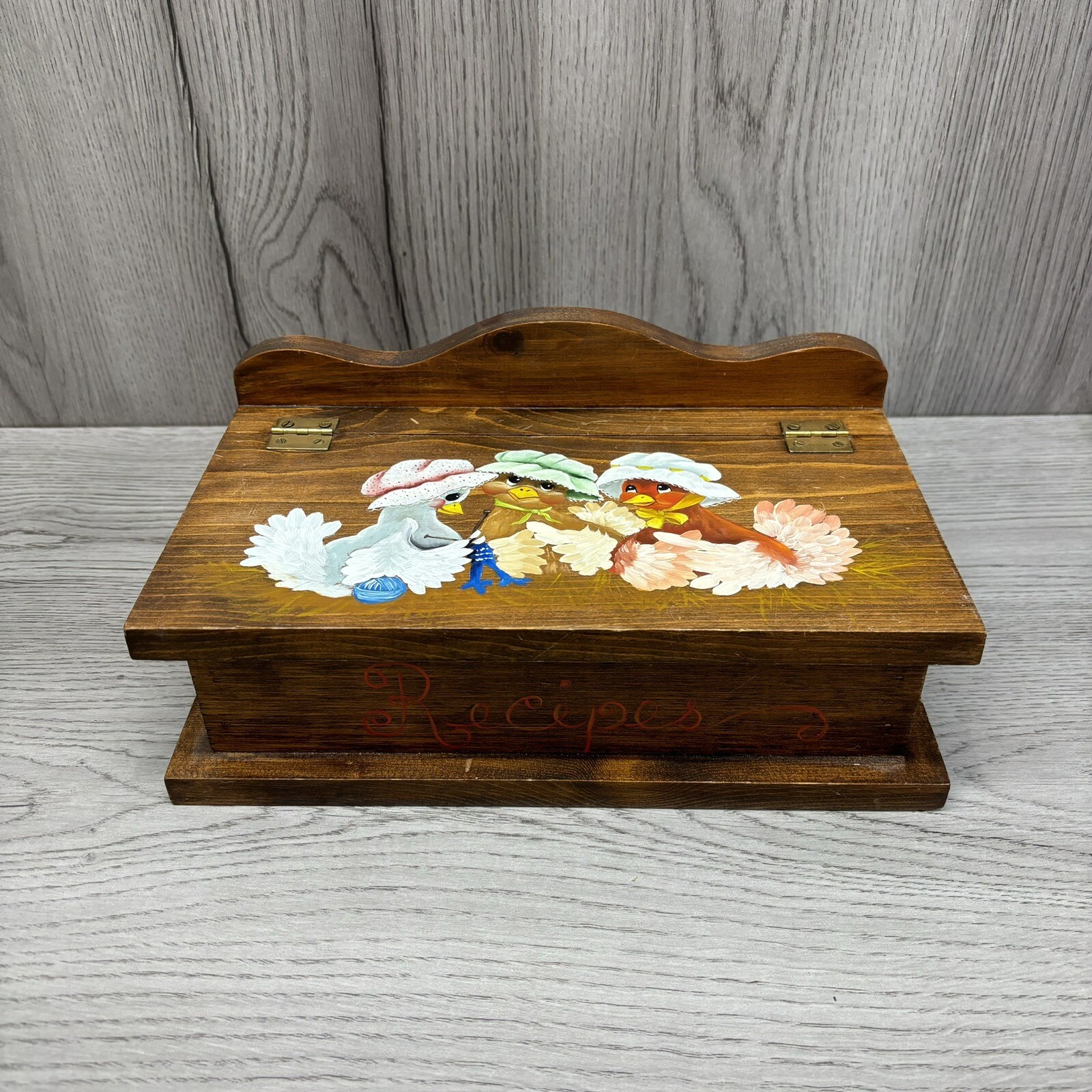 Vintage Wooden Recipe Box Birds Sewing Hand Painted Hand Made Cottage Decor 11”