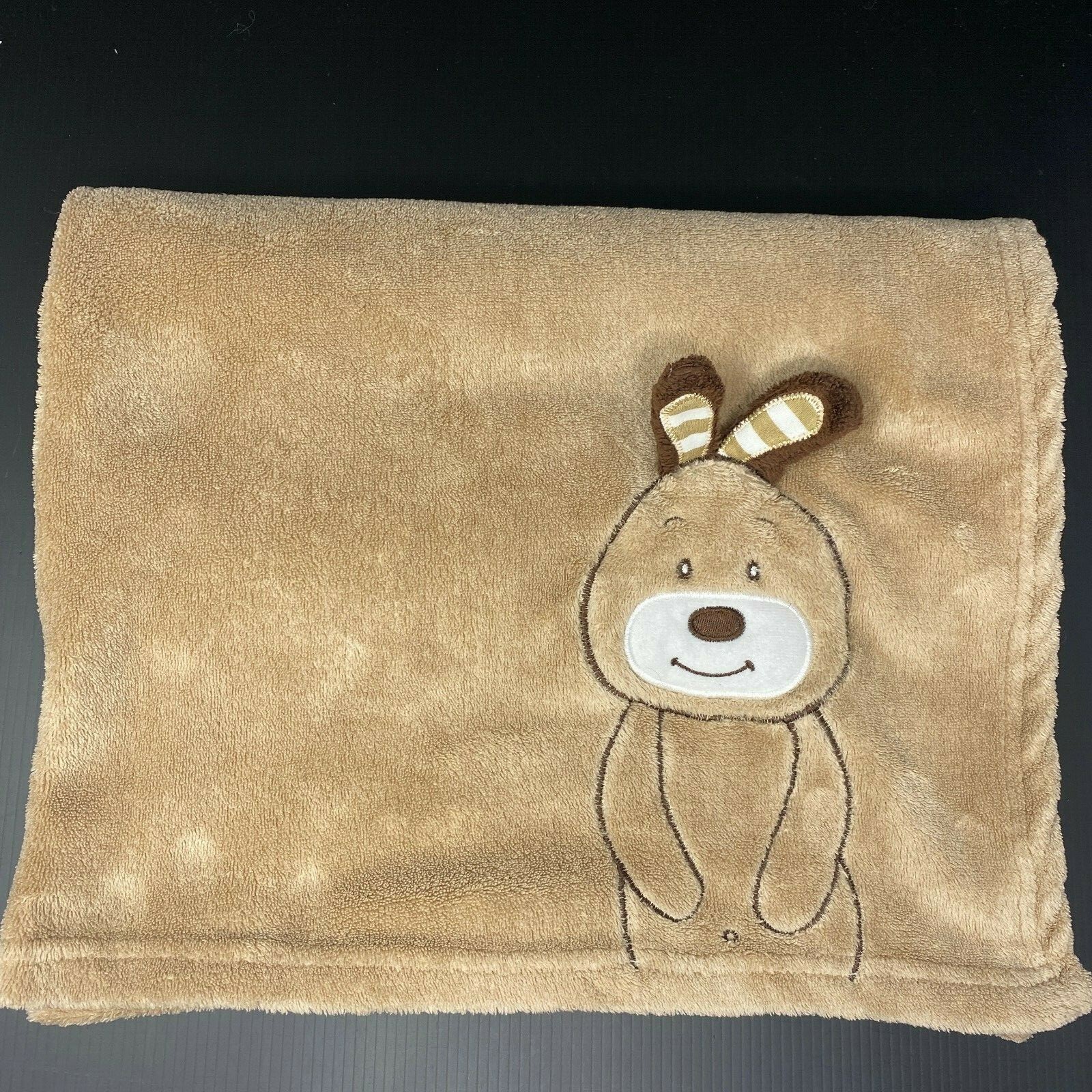 Crib Mates Tan Baby Blanket Embroidered  Bunny Brown Striped 3D Ears Fleece