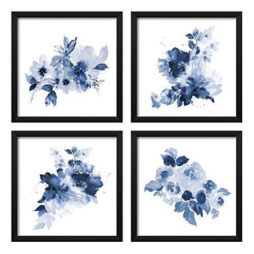  Framed Bathroom Wall Decor, Navy Wall Art with Black Frame and Watercolor Blue