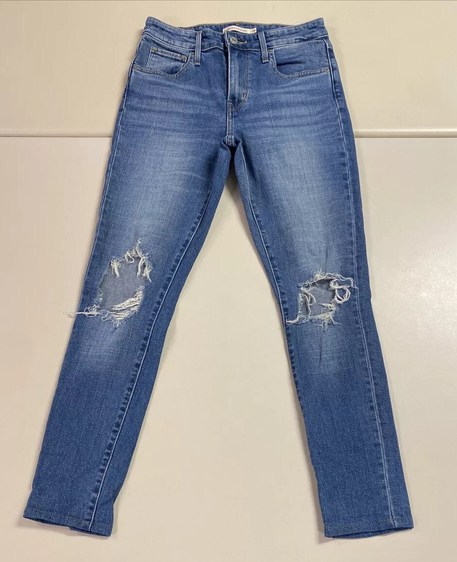Levi's women's medium wash Shredded knee 721 High rise skinny denim jean size 26