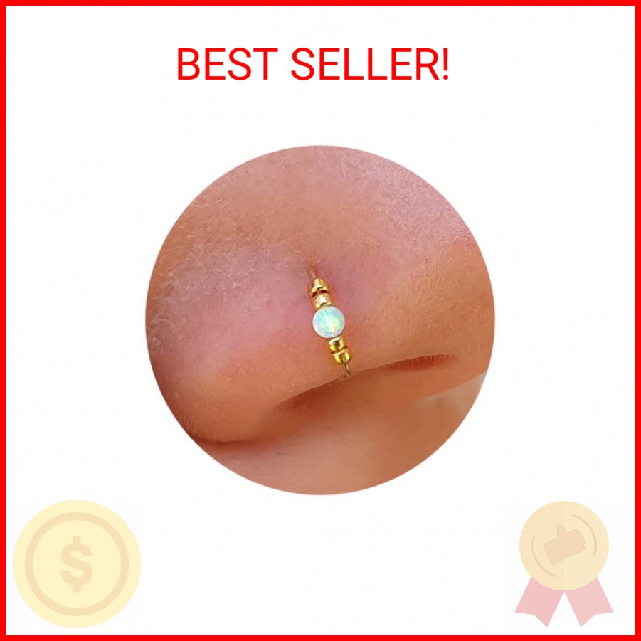 Gold Nose Ring - Thin Tiny 24 Gauge 7mm White Opal Nose Hoop - 14k Gold Filled N