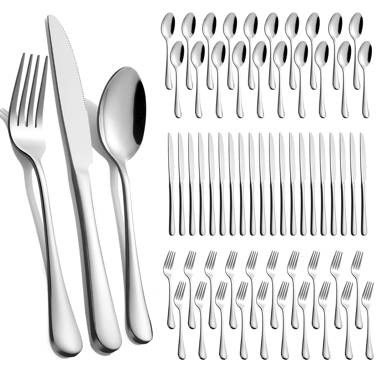 60-Piece Silverware Set for 20 - Stainless Steel Flatware 60-Piece, Silver 