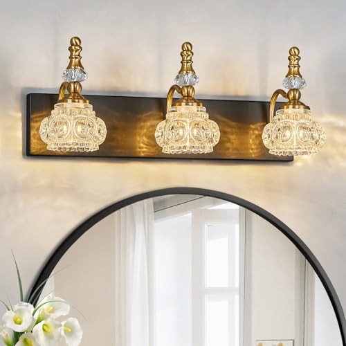 Bathroom Light Fixtures, Modern Glass Crystal Vanity Light 3-Light Black Gold