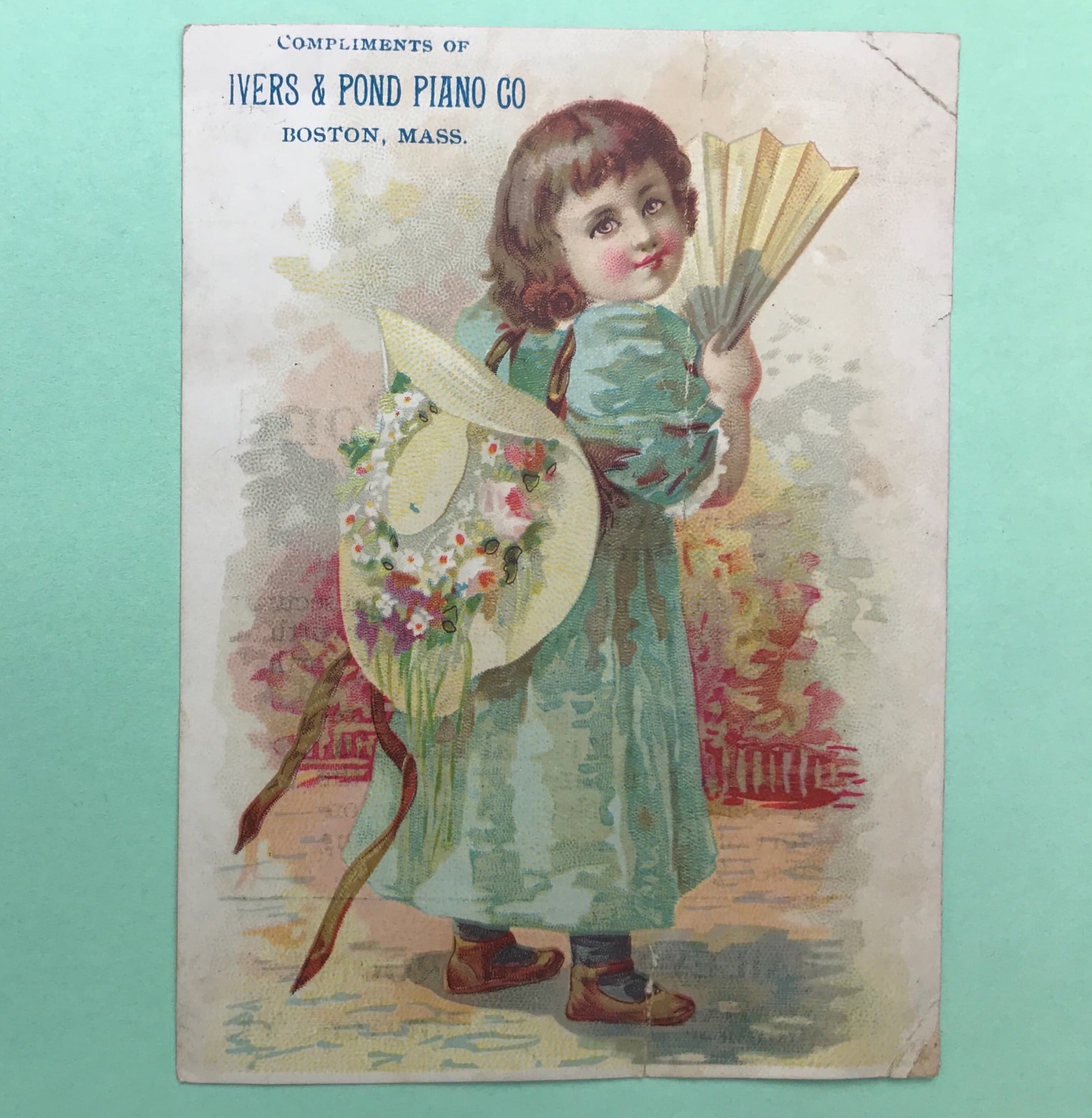 1880s VICTORIAN TRADE CARD - IVERS & POND PIANO CO., BOSTON MASS - YOUNG GIRL
