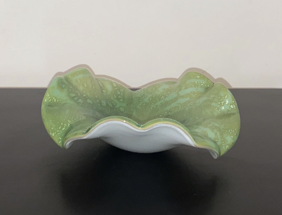 Green Decorative Fused Art Glass Flower Bloom Plate Bowl Ornament Glassware New