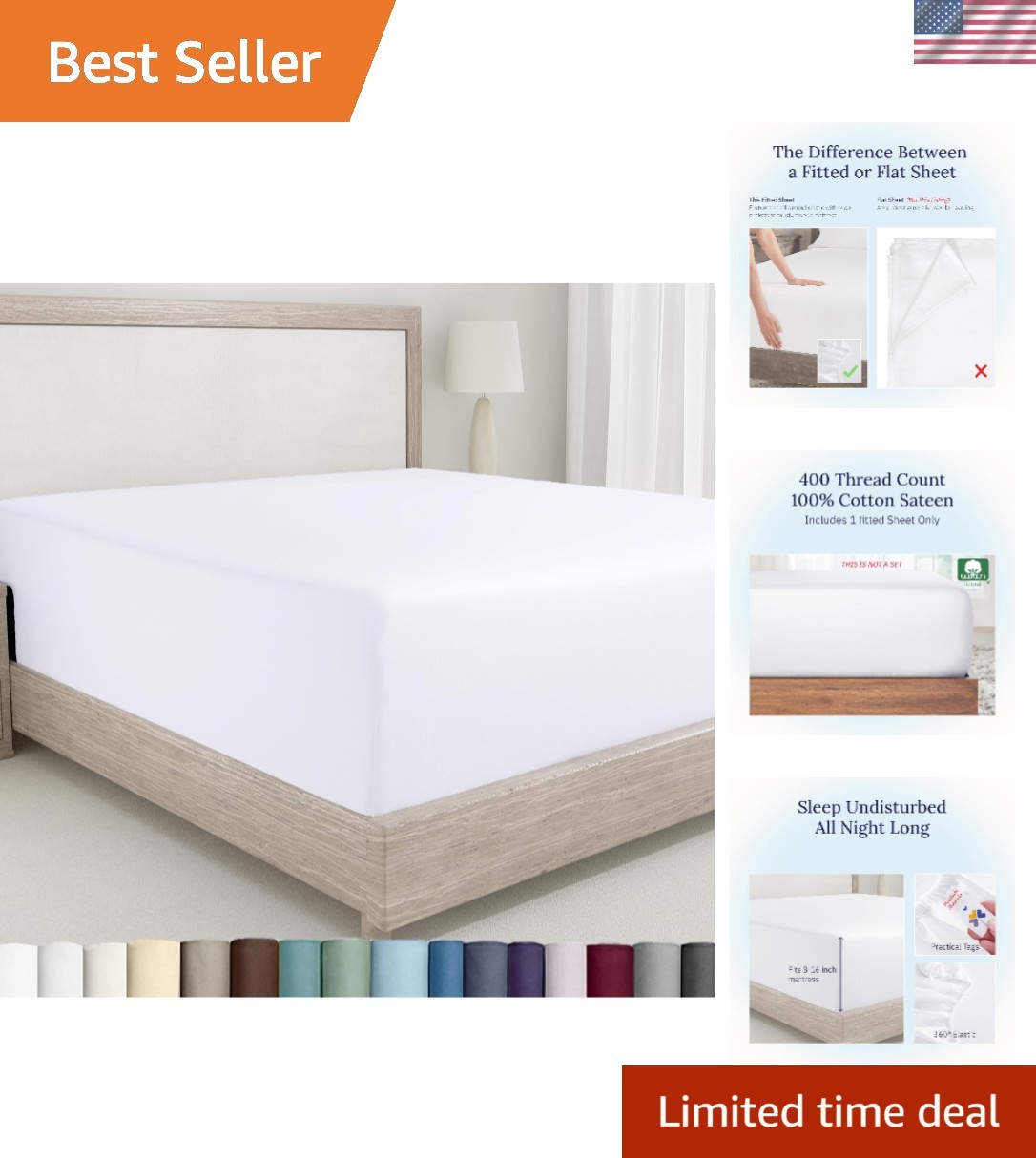 King Size Fitted Sheet White, 100% Cotton 400 Thread Count Sateen, Deep Pocke...