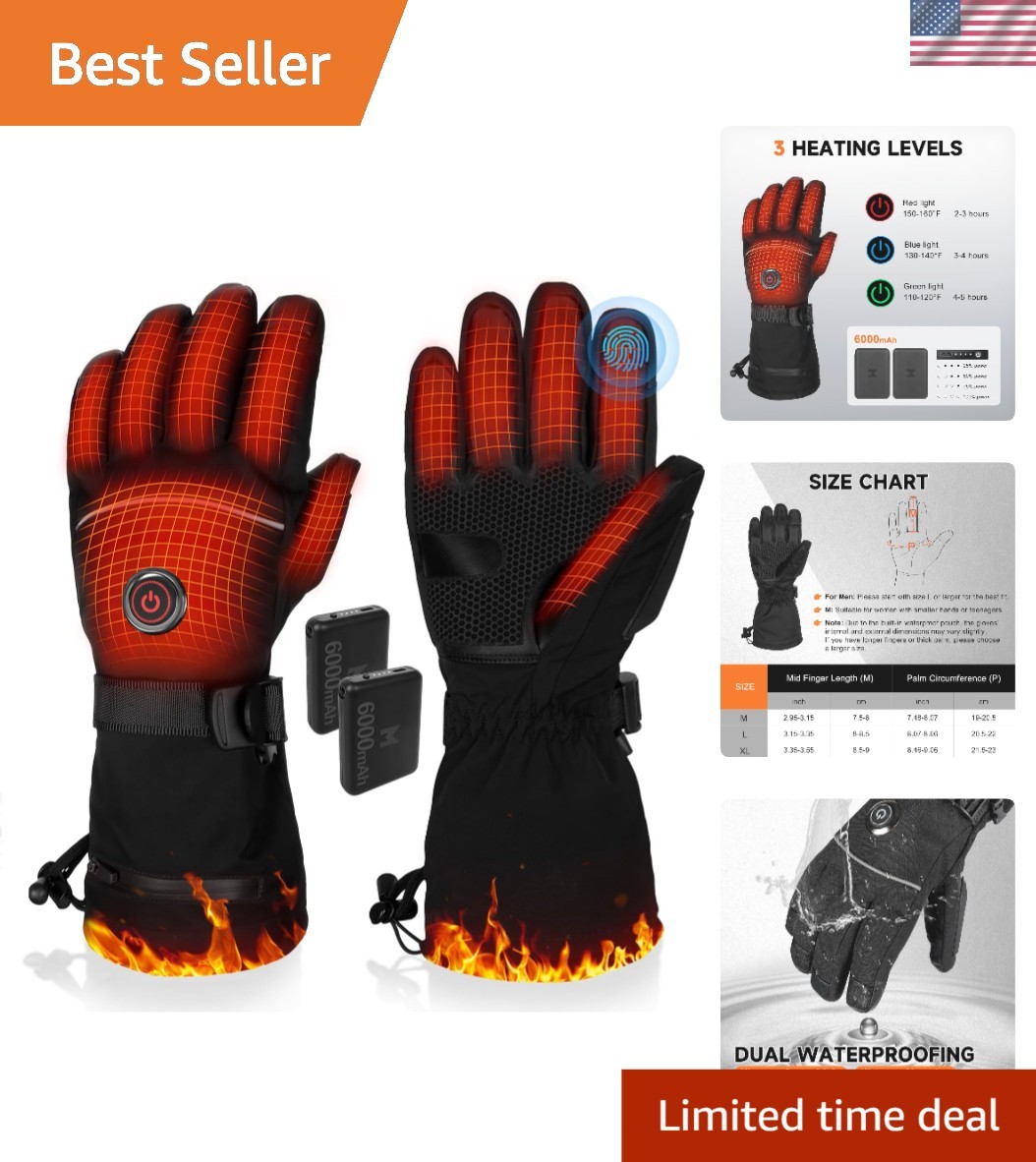 Heated Gloves Men Women Waterproof Rechargeable 5V 6000mAh Ski Hiking Hunting