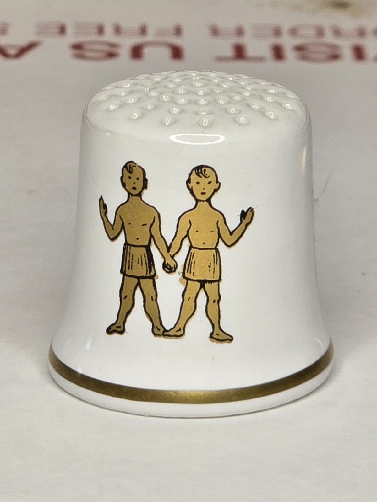 Vintage THIMBLE MEGA RARE GOLD GUILDED SIAMESE TWINS? West Germany Porcelain