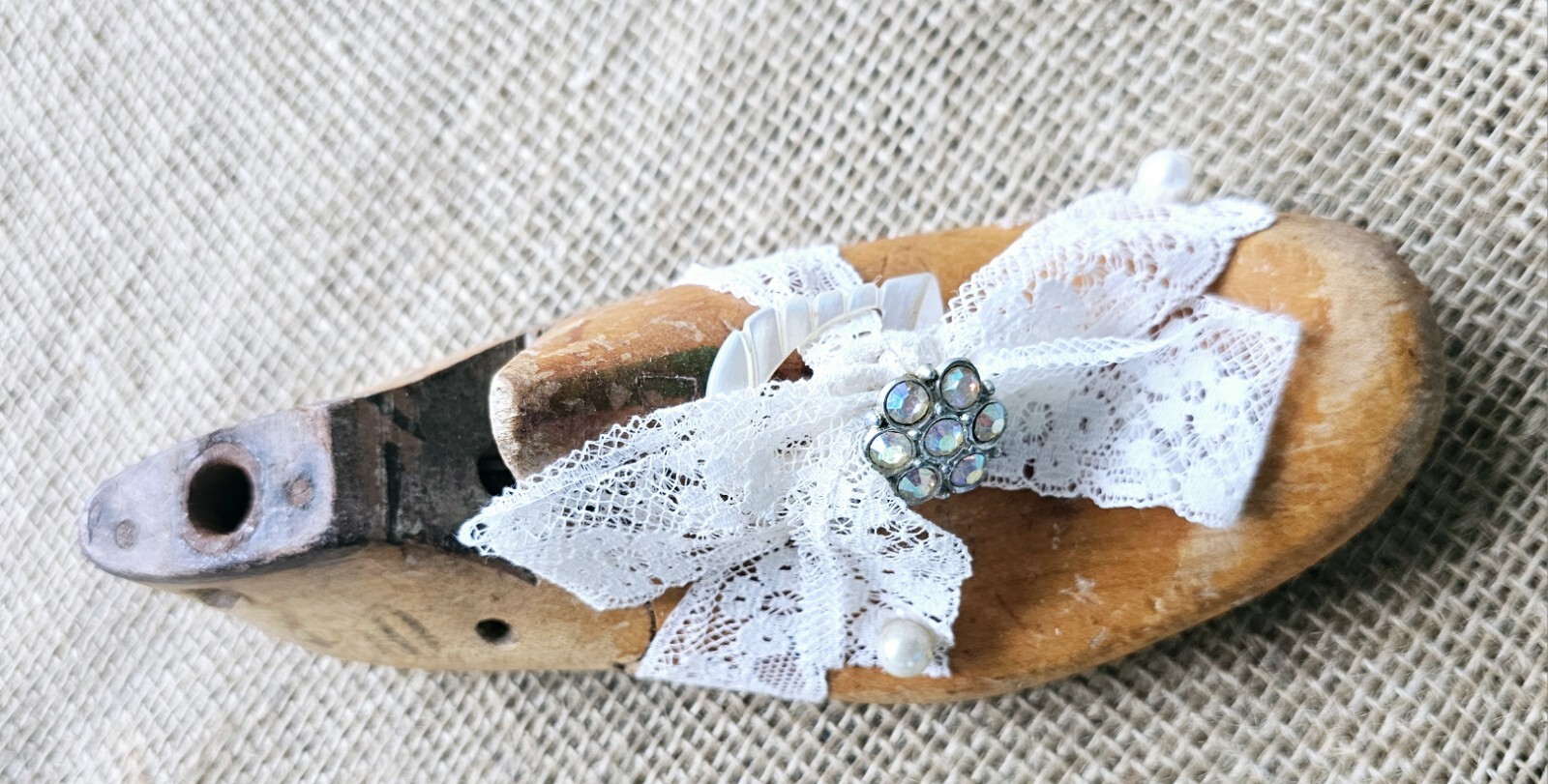 Antique Wood Childrens Shoe Form Last With Antique Lace Primitive Home Decor 