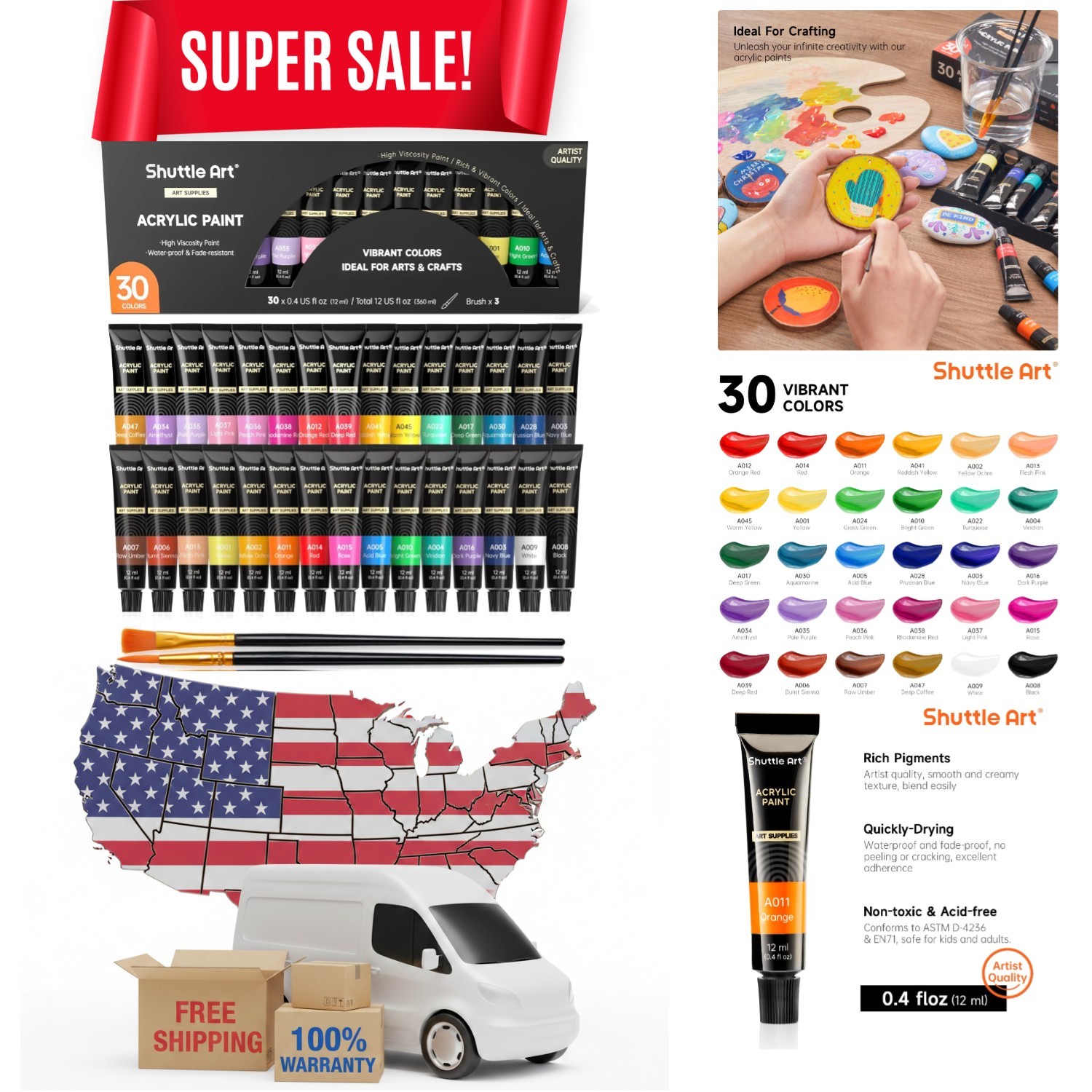 30-Color Artist Quality Acrylic Paint Set - Non-Toxic, 12ml Tubes with Brushes