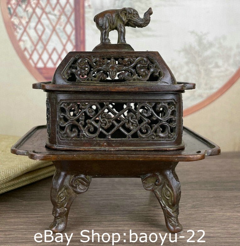 Old Dynasty Pure Bronze Elephant Flower 4 Legs Hollow Out Incense Burner Censer