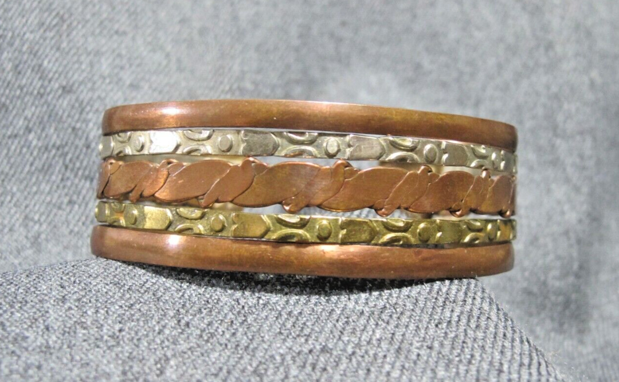 Vintage boho woven silvertone & bronze and copper striped metal cuff bracelet