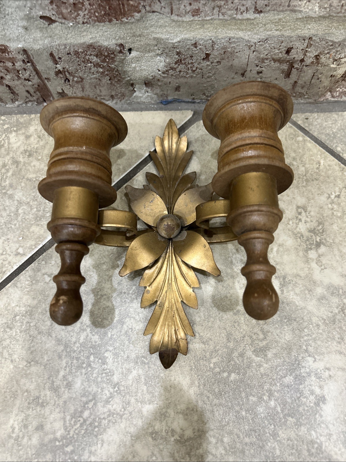 Vintage Wood & Metal Wall Candle Holder Sconce Double Arm Mid Century Decor