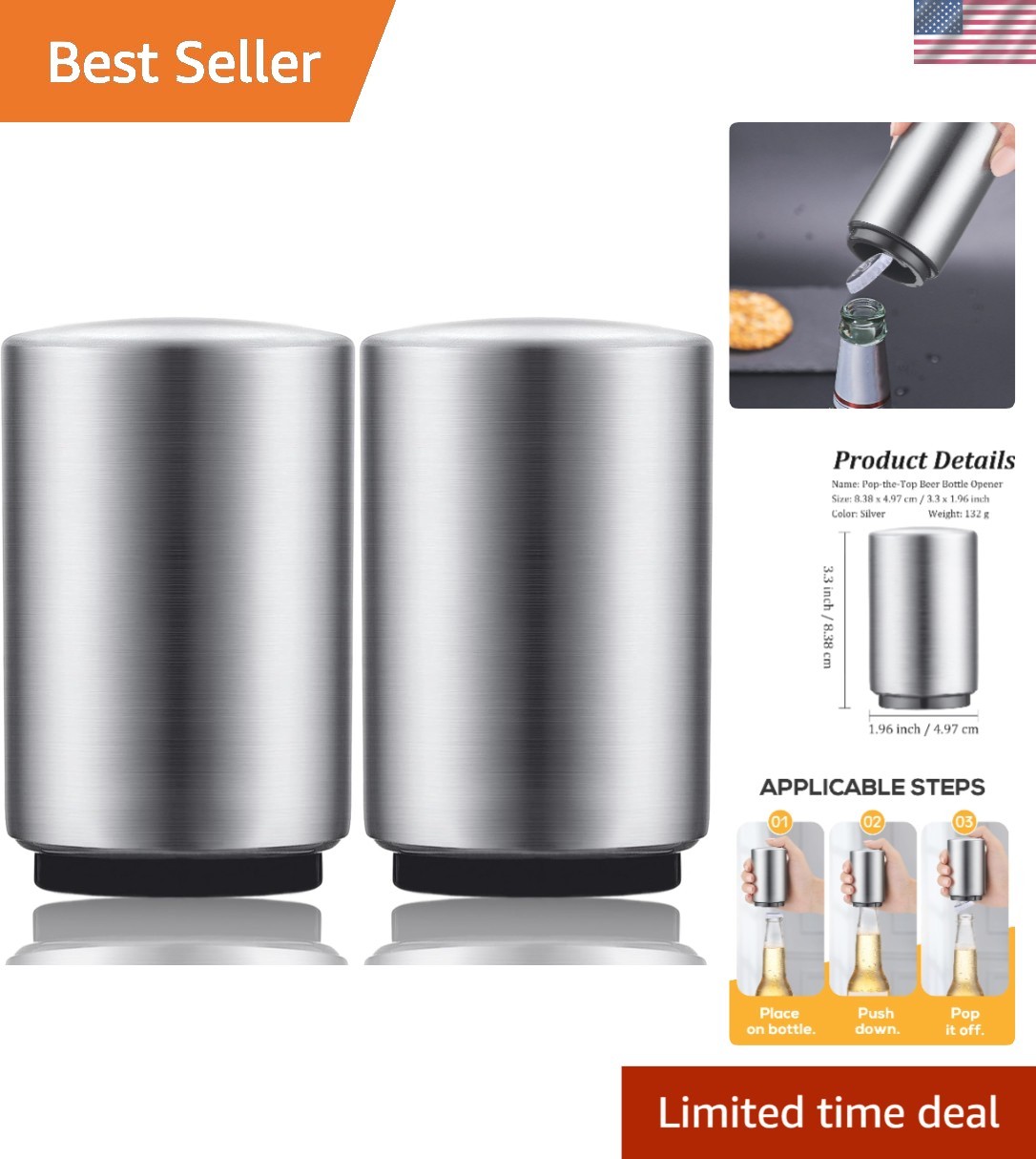 2PCS Luxury Stainless Steel Automatic Beer Bottle Openers – Effortless Cap Pop