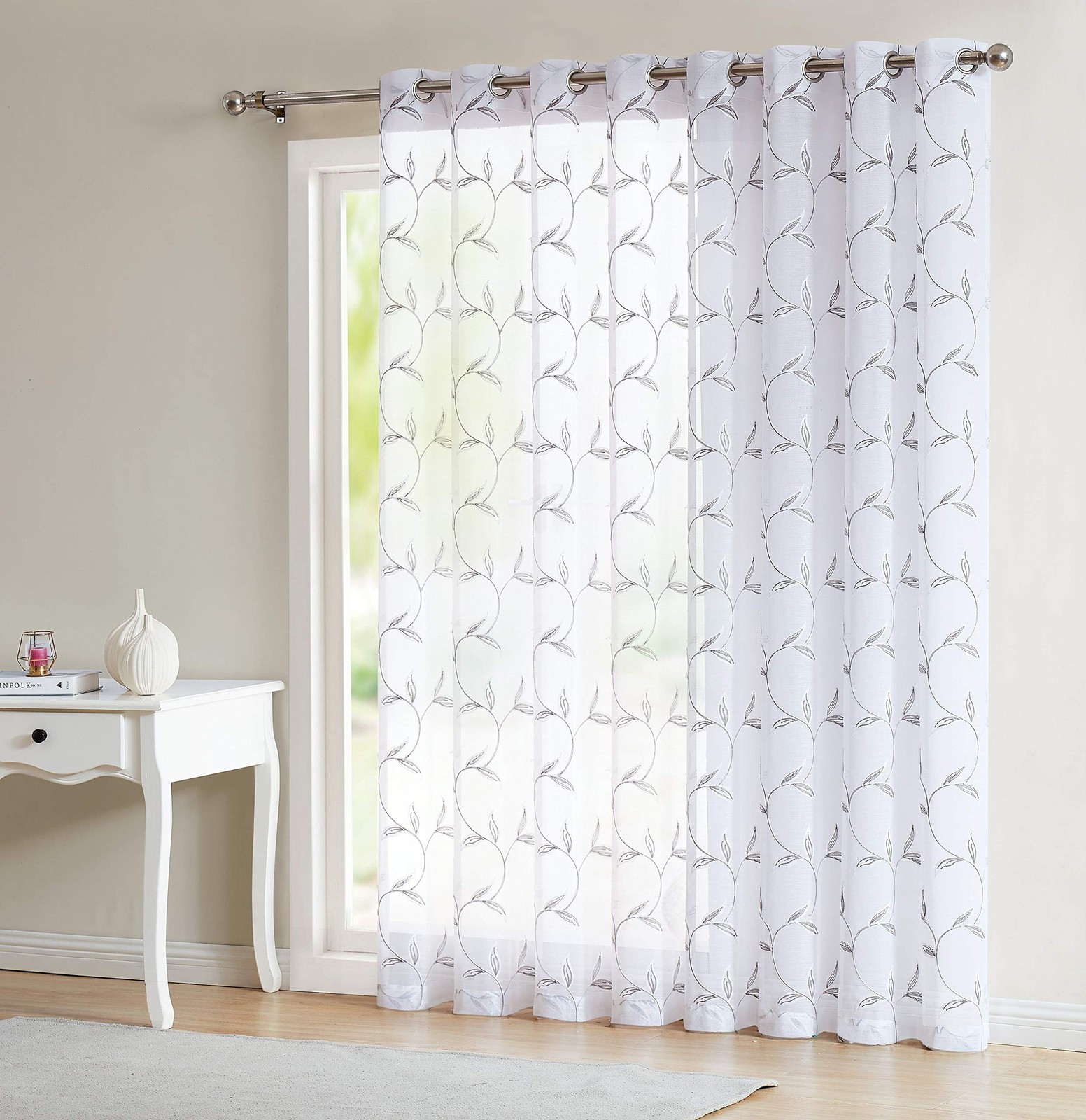 Sheer White Patio Curtain Extra Wide Sliding Door Balcony with Gray Leaf Design