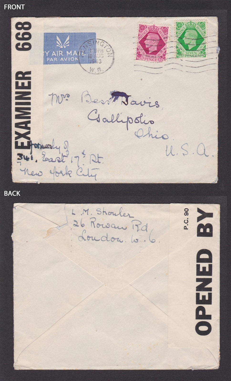 GREAT BRITAIN 1943, Censored cover to USA, WWII, Air mail