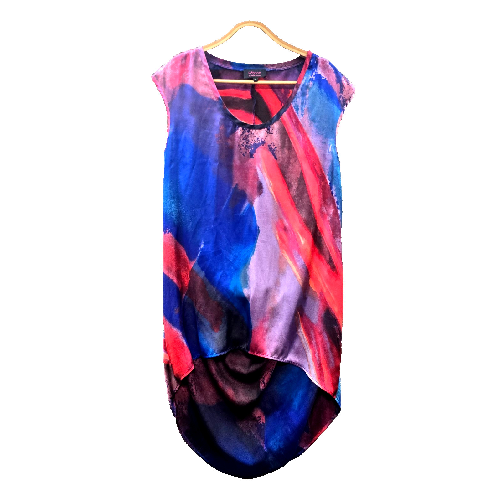 Wayne Cooper Tunic Top Size 14 Blue Pink Satin Sleeveless Asymmetric Scoop Neck