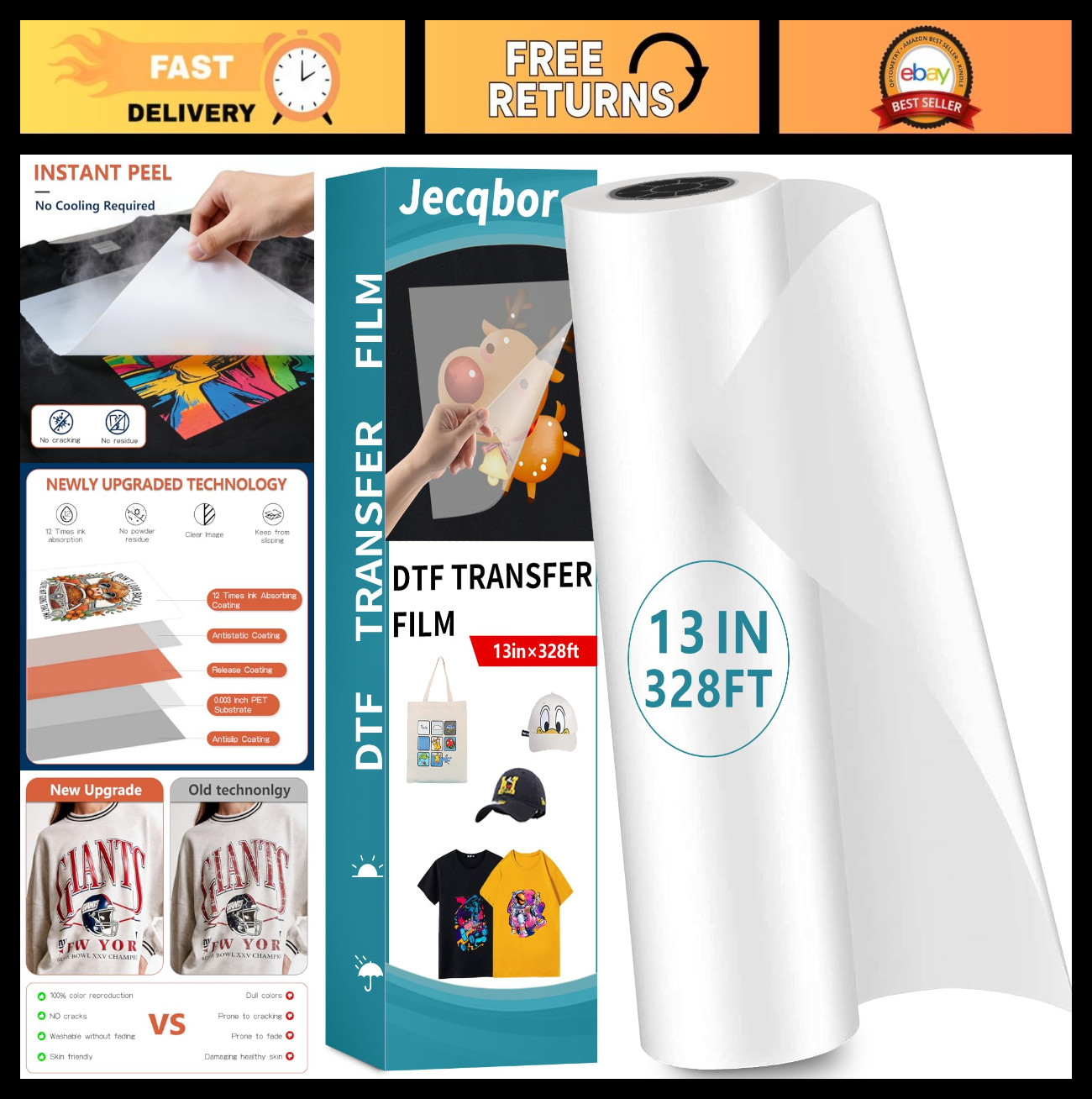 13" x 328FT DTF Transfer Film Roll - Double-Sided Heat Transfer Paper for T-Shir